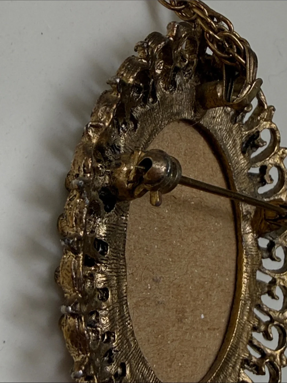 Vintage Hand Embroidered Needlepoint Brooch Pendant Necklace Gold Tone Filigree